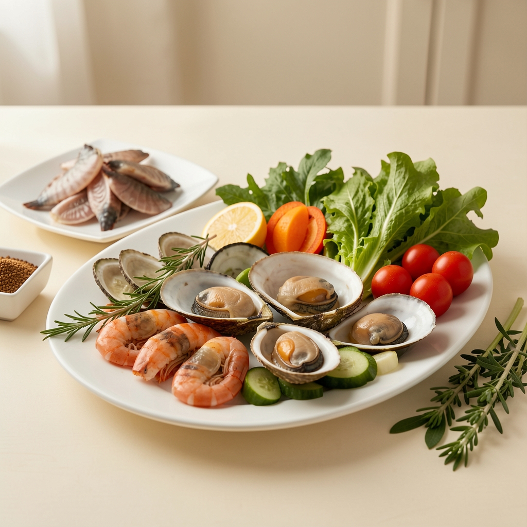 Ingredientes marinos y vegetales frescos sobre una mesa editorial de tonos marfil