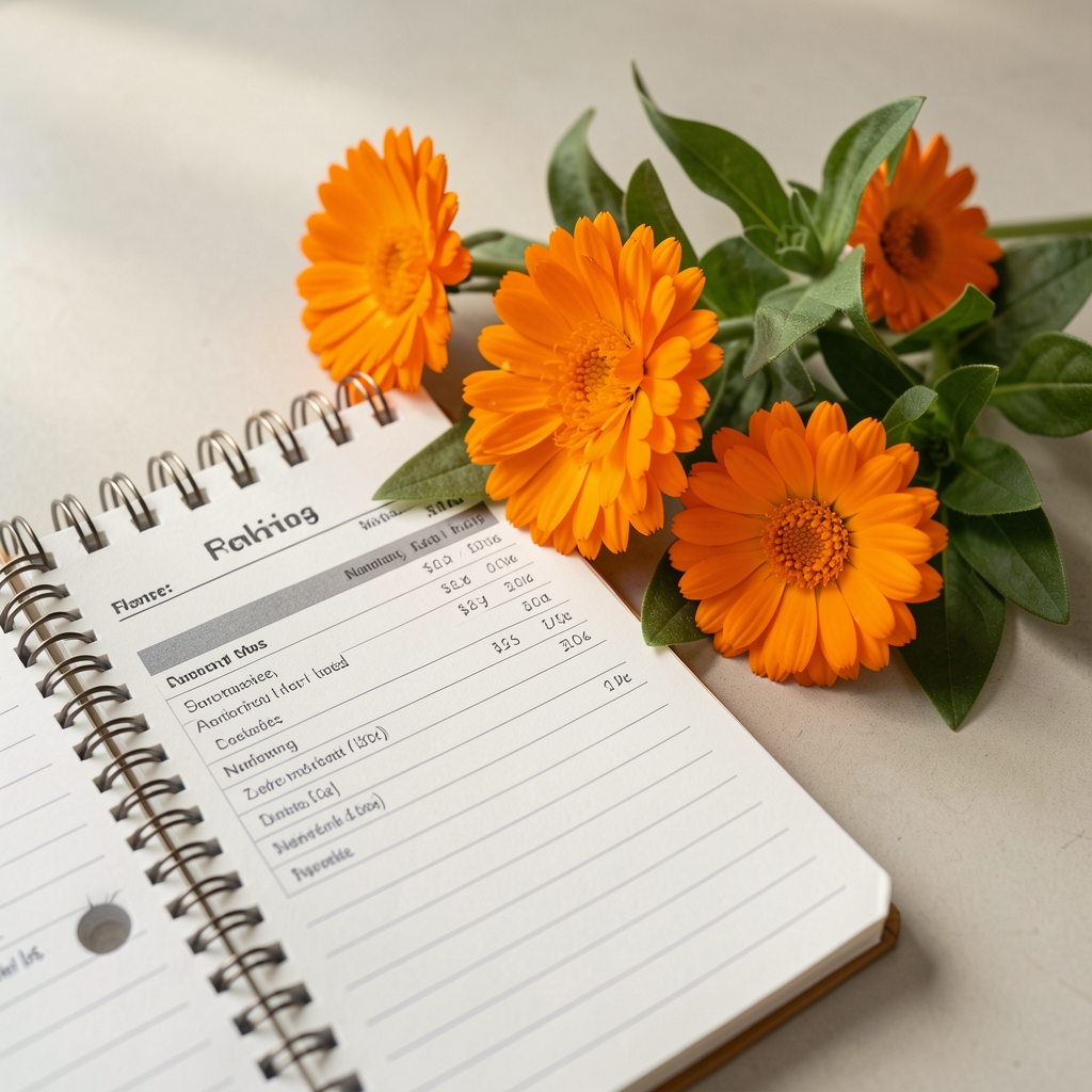 Flores de caléndula naranja y hojas verdes junto a una libreta de notas nutricionales