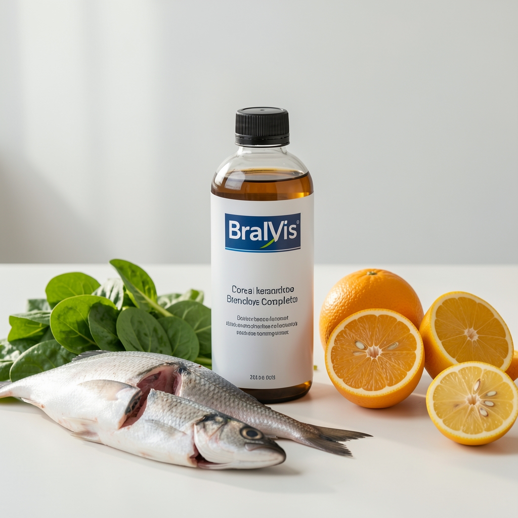 Frasco editorial de BralVis Completo junto a pescado, hojas verdes y cítricos en una mesa clara