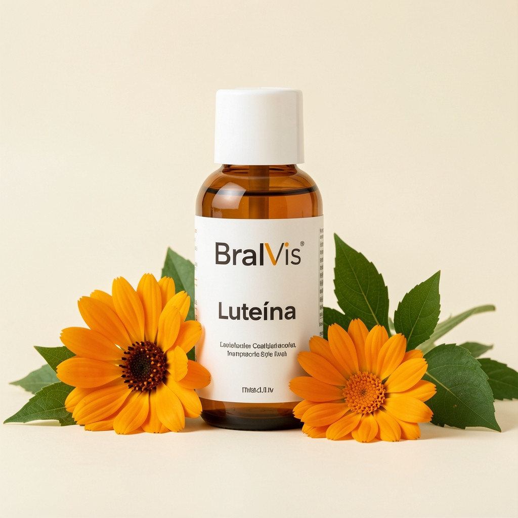 Frasco editorial de BralVis Luteína junto a flores de caléndula y hojas verdes sobre fondo marfil